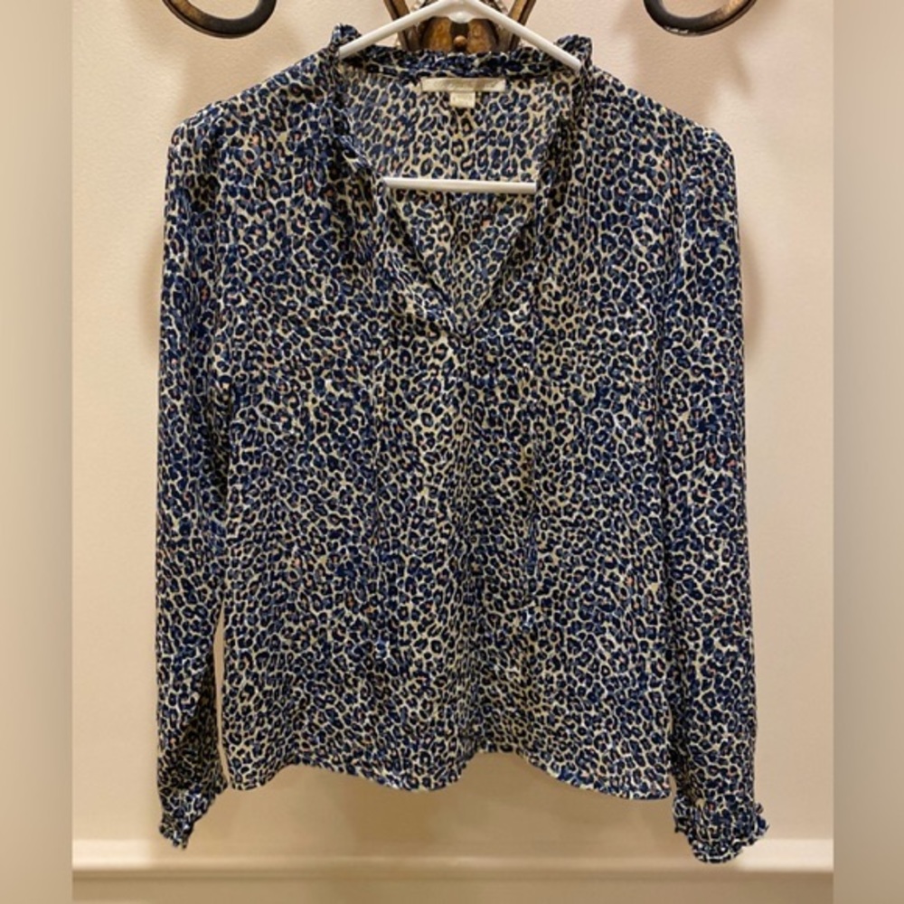 NWOT *cooper & ella* Long Sleeve Blouse…Blue Multi 🐆LEOPARD🐆 Print…Size: S